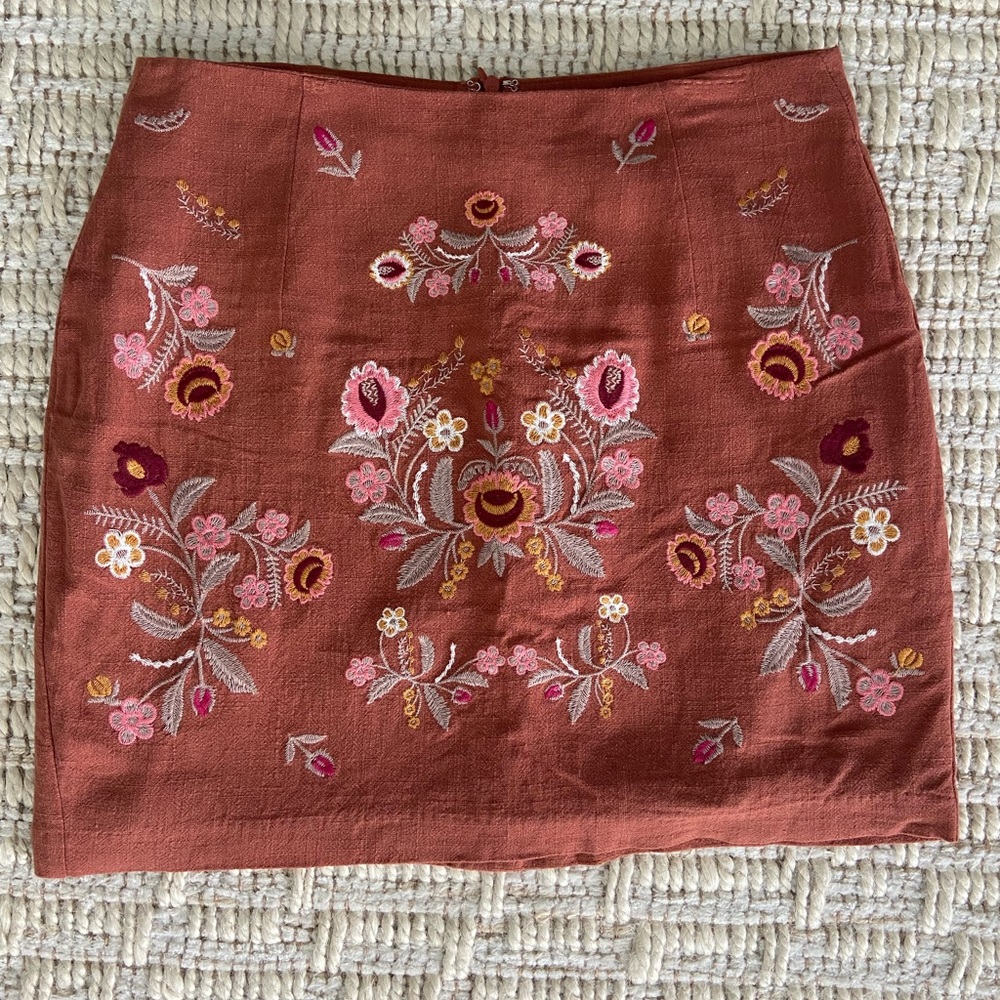 Rust Embroidered Mini Skirt